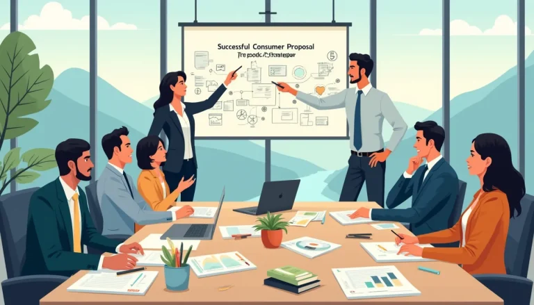 Create an image depicting a corporate boardroom setting, where a diverse group of professionals is actively discussing a consumer proposal. The main focus