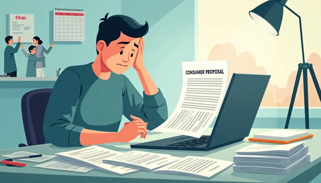 Create an image depicting a stressed individual sitting at a desk cluttered with tax documents and bills labeled CRA Debt. There is a spotlight on an open