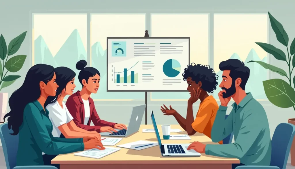 Create an image depicting a diverse group of people gathered around a table with financial documents, calculators, and a laptop. They are engaged in a disc