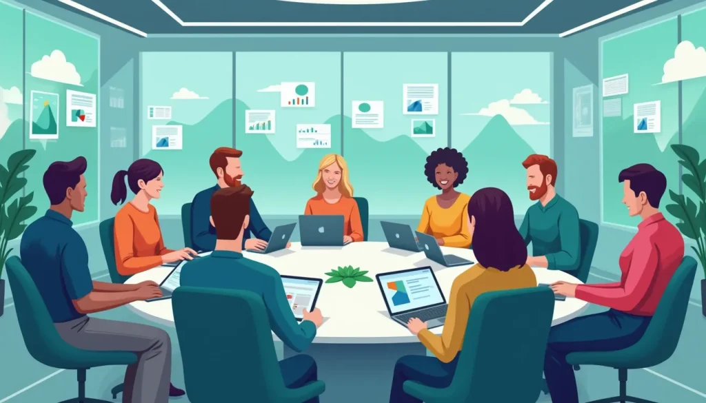 Create an image of a virtual forum with diverse individuals sitting in a circle, engaging in discussion about consumer proposals. The setting is a modern,