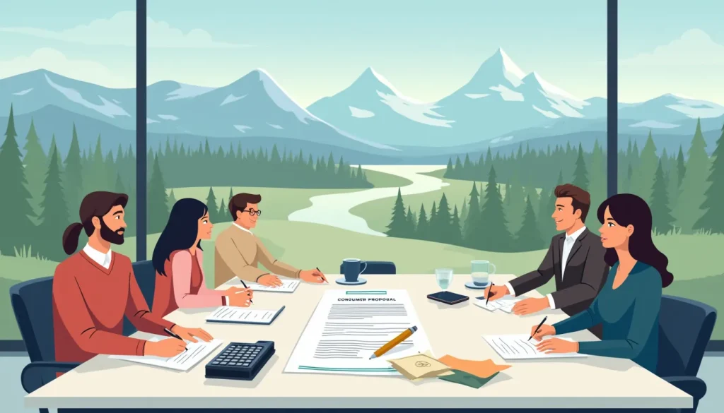 Create an image depicting a business meeting table in Alberta with financial documents, a calculator, and a proposal document titled Consumer Proposal. In