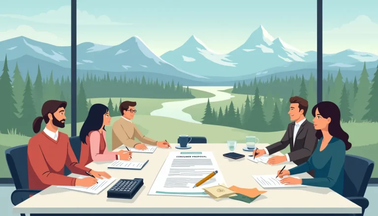 Create an image depicting a business meeting table in Alberta with financial documents, a calculator, and a proposal document titled Consumer Proposal. In