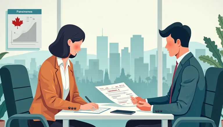 Create an image depicting a person sitting at a desk with a financial advisor in an office setting. The office has a view of Vancouver's skyline to indicat