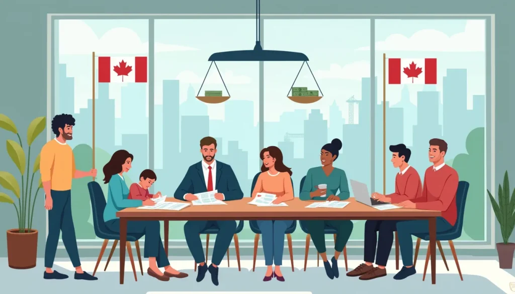 Create an image depicting a diverse group of people gathered around a table in a modern office setting, discussing financial documents labeled Consumer Pro