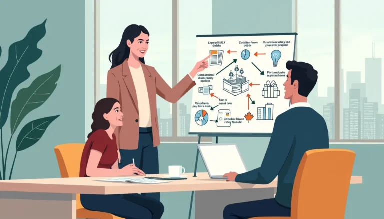 Create an image depicting a scene in an office setting where a financial consultant is explaining a consumer proposal process to a client. The consultant i