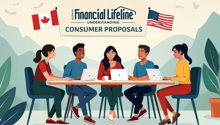 Create an image of a diverse group of individuals sitting around a table covered with financial documents and laptops. They appear relieved and optimistic