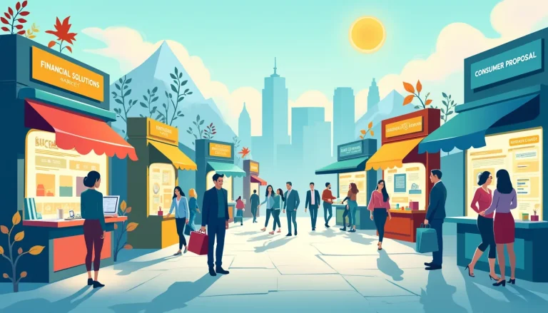 Create an image depicting a whimsical, vibrant marketplace set in a futuristic city, labeled Financial Solutions Market. Each stall is themed around differ