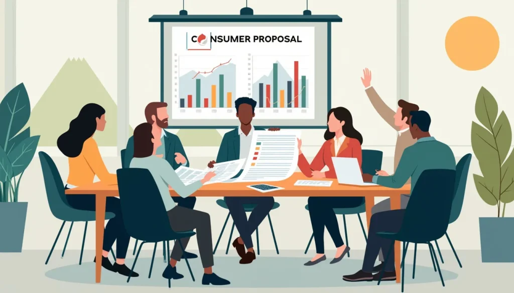 Create an image depicting a diverse group of people sitting around a table, each representing different professions and demographics, discussing a large do