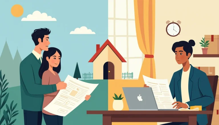 An insightful illustration depicting a consumer contemplating a mortgage proposal. The image features a split scene, with one side showing a hopeful homeow