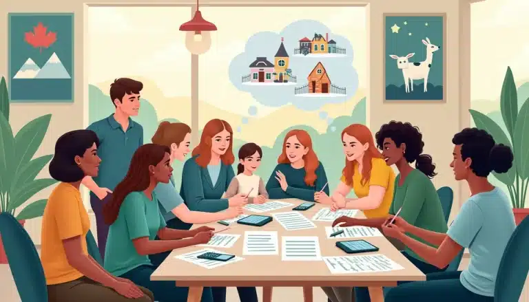 An illustration of a diverse group of people gathered around a table covered with paperwork, calculators, and digital devices, depicting a community meetin