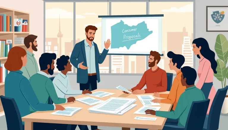 Illustrate a scene featuring a diverse group of people gathered around a table filled with documents labeled Consumer Proposals in a modern office setting.