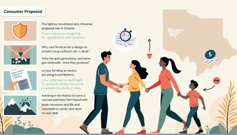 An informative illustration depicting the concept of a consumer proposal in Ontario. The left side of the image shows the Pros, illustrated with symbols li