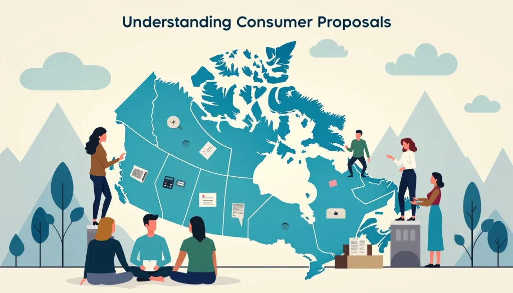 An informative illustration depicting the concept of a consumer proposal in Ontario. The image includes a stylized map of Ontario with symbolic elements re