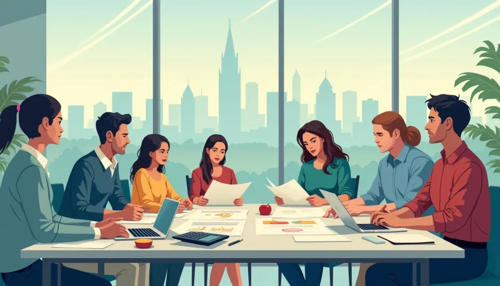 Create an image depicting a diverse group of people seated around a large conference table, reviewing documents labeled Consumer Proposals in an office set