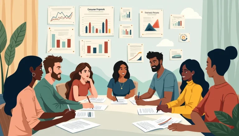 Create an image depicting a diverse group of people sitting around a table, engaged in a discussion, with documents labeled Consumer Proposals spread out i