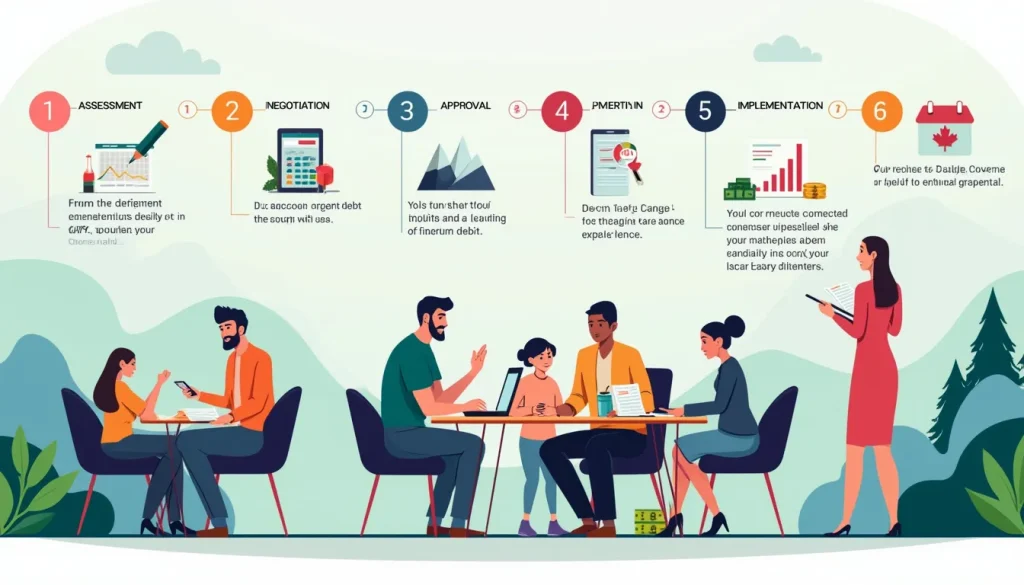 Create an image depicting a step-by-step infographic illustrating the process of a consumer proposal with the Canada Revenue Agency (CRA). The visual shoul