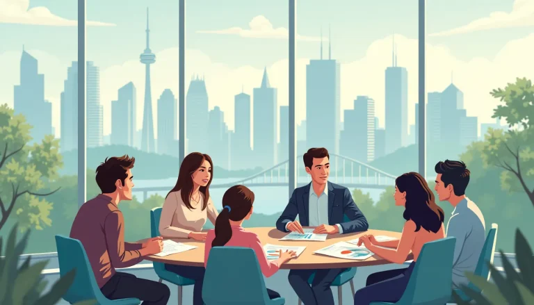 An image showing a diverse group of people sitting around a table in a modern office in Toronto, engaged in a discussion with a financial advisor. The advi