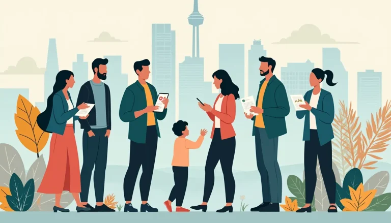 Create an image depicting a diverse group of individuals in an urban setting, resembling Toronto, intently engaged in a conversation about financial soluti