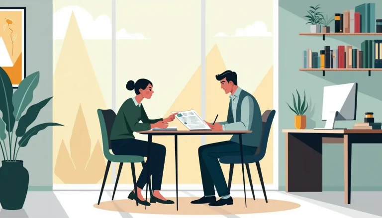 Create an image depicting a formal office environment where a professional trustee is sitting across from a client at a desk. The trustee is explaining fin