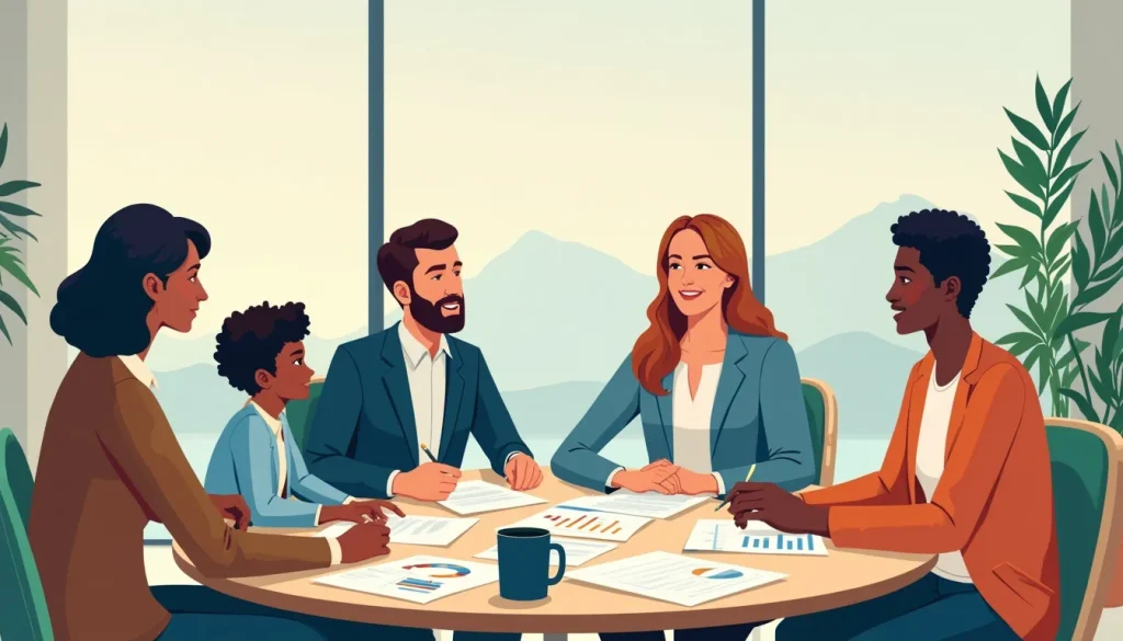 A professional office setting with a welcoming atmosphere. The scene features a team of financial advisors, including Victoria C.E. Craig, discussing consu