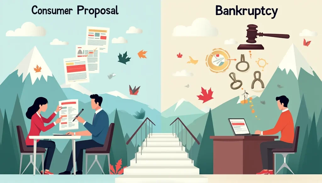 An informative illustration depicting the comparison between a consumer proposal and bankruptcy in Alberta. On one side, visualize a person sitting at a de