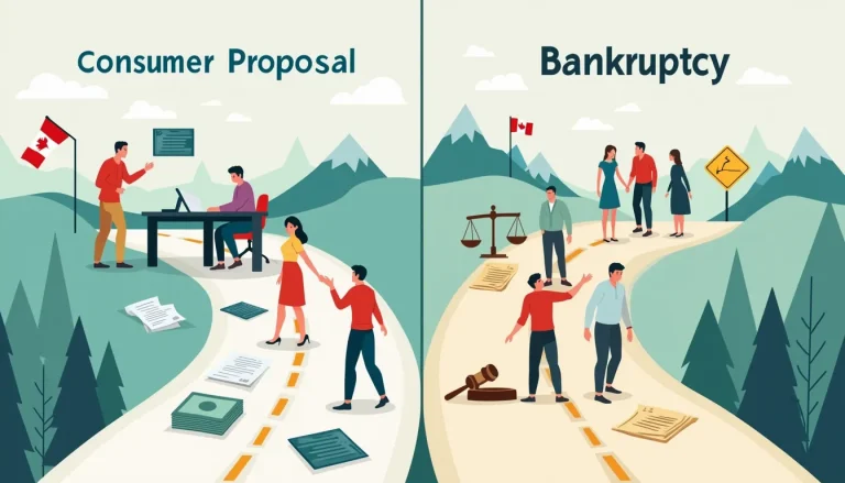 Create an image depicting a split-screen comparison between two distinct paths: one marked Consumer Proposal and the other Bankruptcy in a Canadian context