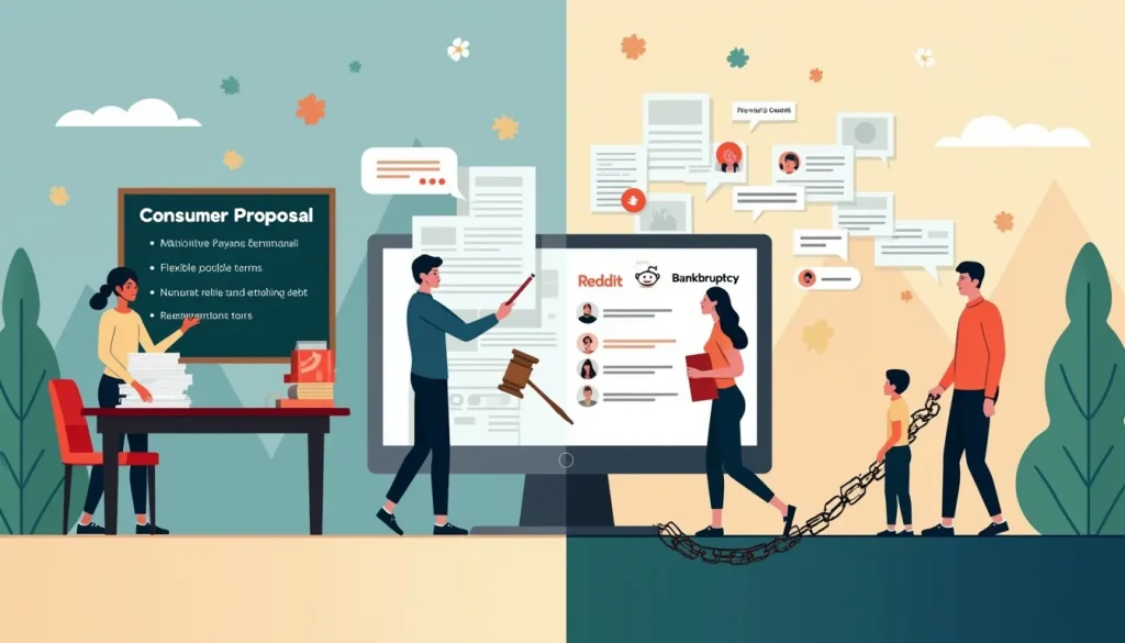 Create an image depicting a split scene that represents a Consumer Proposal on one side and Bankruptcy on the other, with insights flowing from a digital s