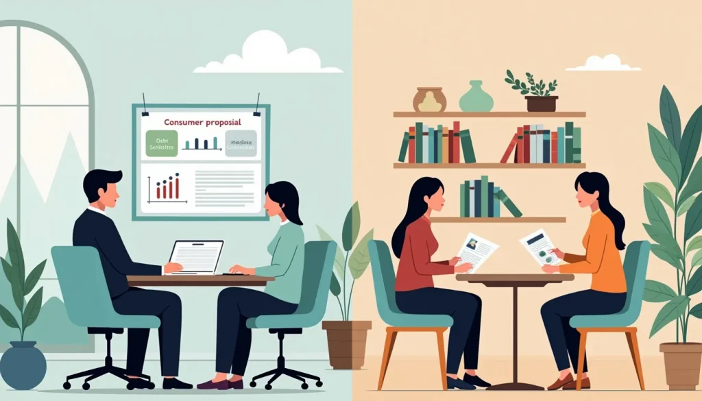 Create an image illustrating a split view of a financial advisor's office. On one side, depict a scenario with a consumer proposal consultation, showcasing