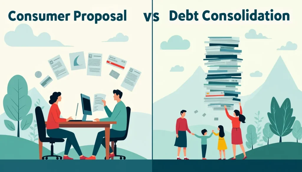 Create an image that portrays a comparison between a consumer proposal and debt consolidation. On one side, illustrate a person sitting at a desk with a st