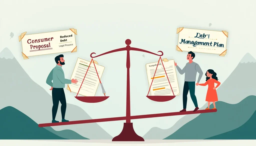 Create an image that visually compares a Consumer Proposal and a Debt Management Plan. On the left side of the image, depict a Consumer Proposal with a per