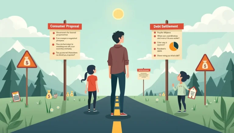 Create an image that illustrates a person standing at a crossroads, with two diverging paths labeled Consumer Proposal and Debt Settlement. The Consumer Pr