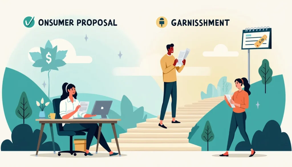 Create an image illustrating the concept of financial management, depicting two distinct pathways: one labeled Consumer Proposal featuring a person meeting