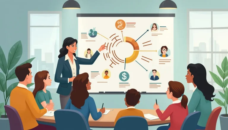 Create an illustration showing a friendly financial advisor explaining consumer proposals to a diverse group of people in an office setting. The advisor is