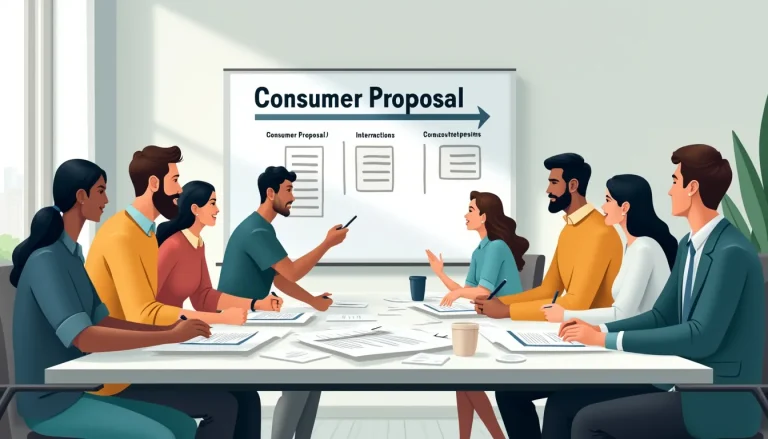 Create an image depicting a diverse group of individuals gathered around a large table filled with documents labeled Consumer Proposal. The setting is a mo