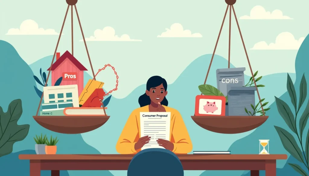 Create an image depicting a person sitting at a desk surrounded by two large scales. One scale is filled with colorful objects labeled Pros, such as a hous