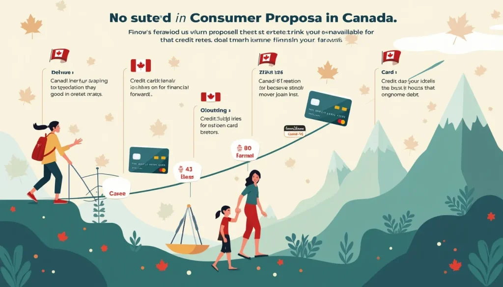 An informative infographic depicting various credit card options available for individuals undergoing consumer proposals in Canada. The image includes icon