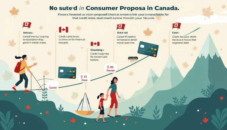 An informative infographic depicting various credit card options available for individuals undergoing consumer proposals in Canada. The image includes icon