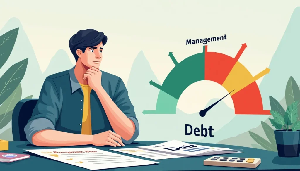 Create an image of a person sitting at a desk with a variety of financial documents and a calculator in front of them. On the desk, there is a prominently