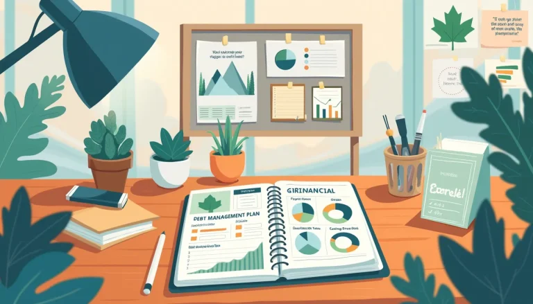 Create an image depicting a serene and organized workspace with a neatly arranged desk. On the desk, there is a detailed financial planner opened to a page