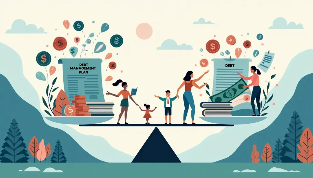 Create an image illustrating a balanced scale, symbolizing the evaluation of pros and cons, with one side loaded with documents labeled Debt Management Pla