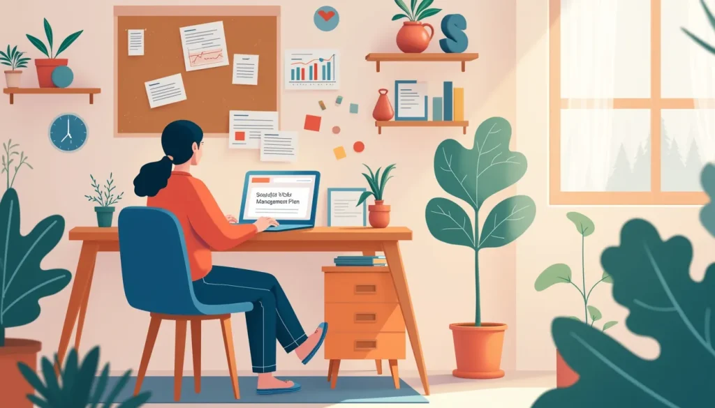 Create an image that visually represents the concept of debt management. The scene is a cozy home office where a person is sitting at a desk with a laptop