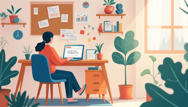 Create an image that visually represents the concept of debt management. The scene is a cozy home office where a person is sitting at a desk with a laptop