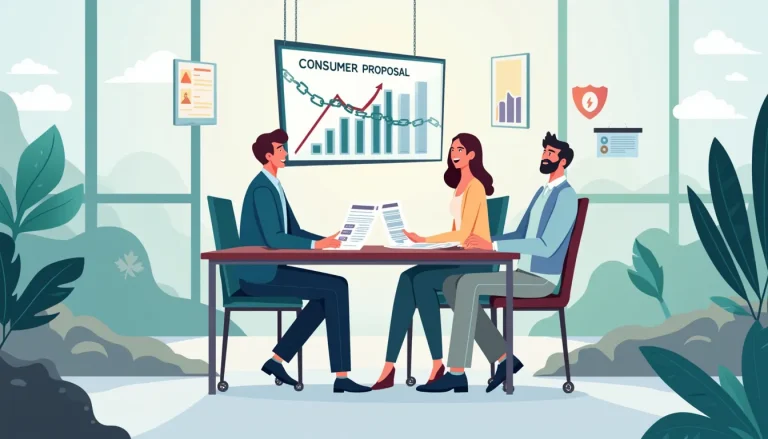 Create an image that visually represents the concept of consumer proposals in personal finance. Depict a scene where a financial advisor is sitting at a de