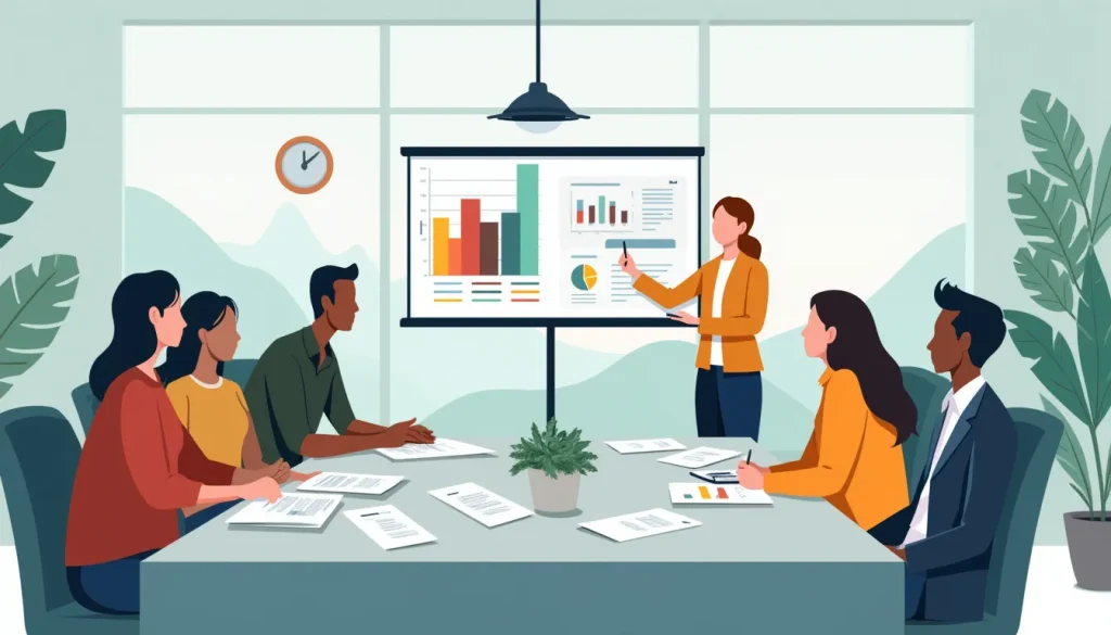 Create an image of a diverse group of people sitting around a table, engaged in a discussion with a financial advisor. The room is filled with charts and d