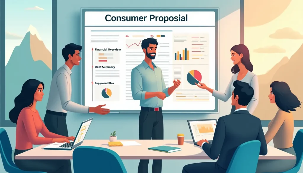 A professional office setting with a team of diverse individuals collaboratively working on a large, detailed consumer proposal template displayed on a dig