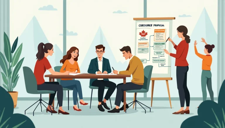 An educational illustration showing the concept of a consumer proposal, featuring a diverse group of individuals sitting around a table with a financial ad