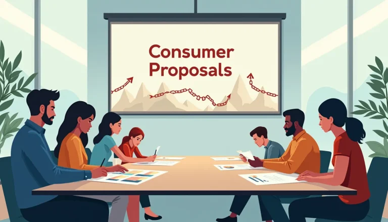 Create an image of a diverse group of people sitting around a large conference table, discussing and examining financial documents with charts and graphs.