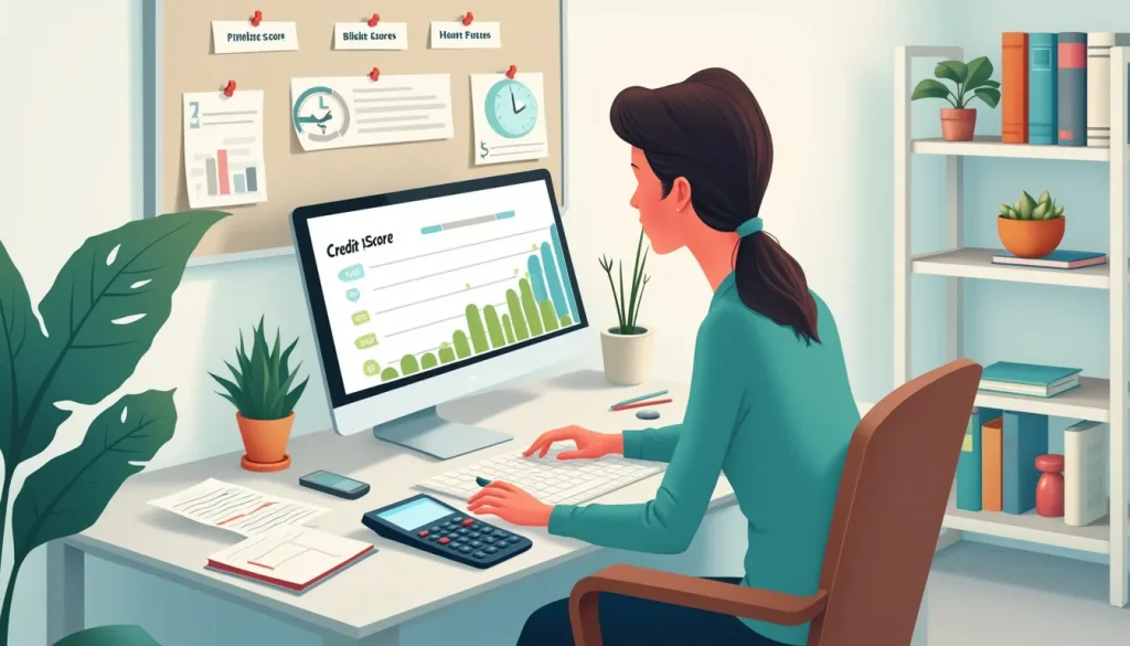 Create an image depicting a person sitting at a desk surrounded by financial documents, calculators, and a computer displaying a credit score. The person l