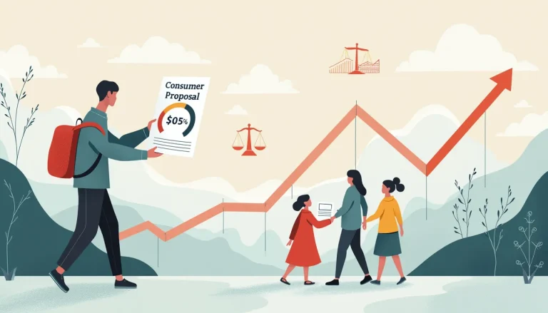 Create an image illustrating the concept of a consumer proposal's impact on a credit score. Depict a person holding a large paper labeled Consumer Proposal