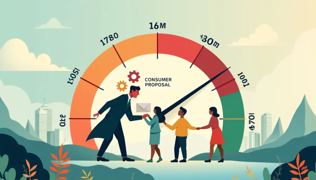 Create an image that visually represents the concept of a Consumer Proposal and its impact on a credit score. Imagine a whimsical scene where a giant credi